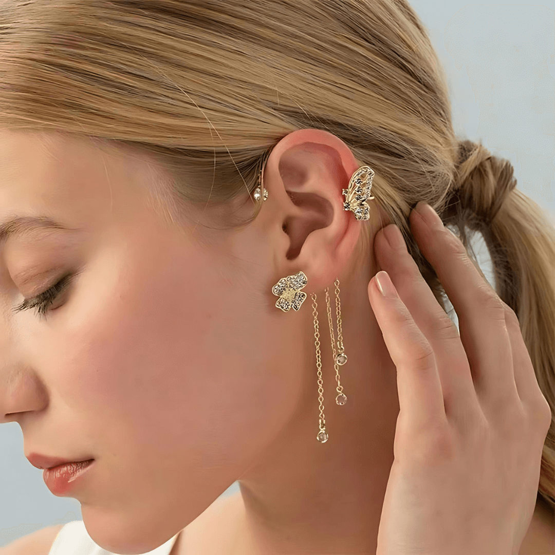Non-Pierced Butterfly Tassel Elf Ear Clip Rose Wrap Climber Earrings
