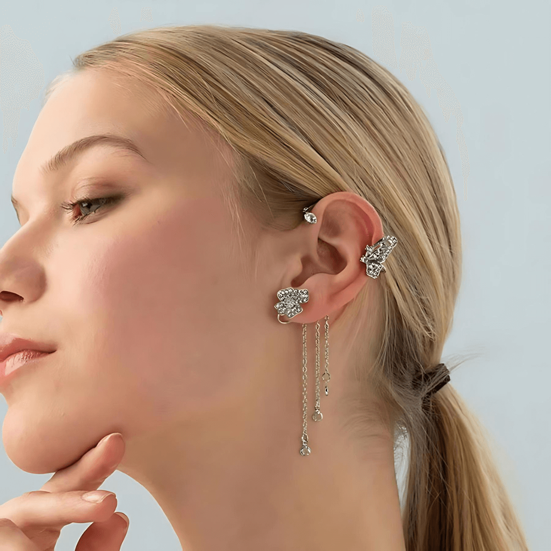 Non-Pierced Butterfly Tassel Elf Ear Clip Rose Wrap Climber Earrings