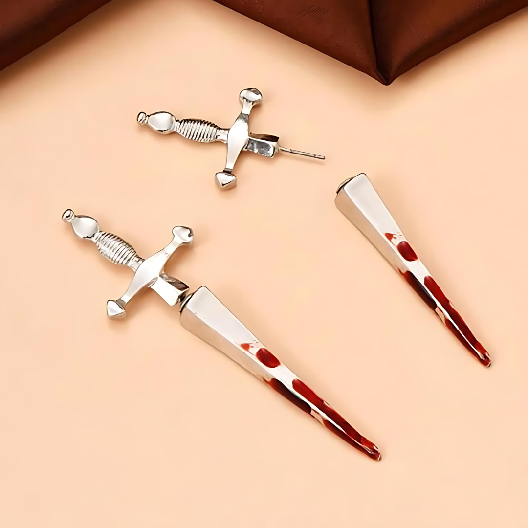 Gothic Cross Sword Bloodstain Dagger Ear Jacket Earrings