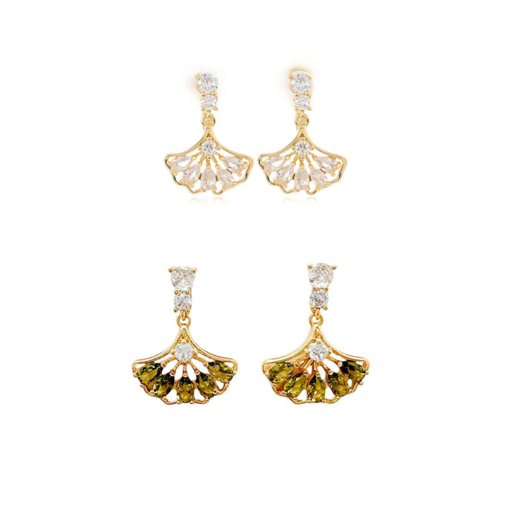 Fan Shape Ginkgo Leaf CZ Drop Earring