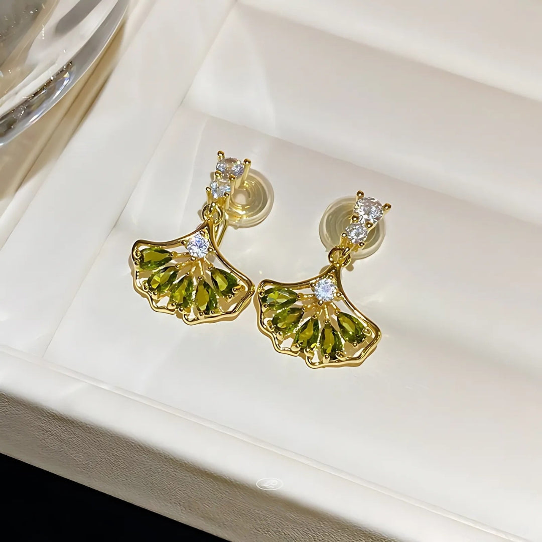 Fan Shape Ginkgo Leaf CZ Drop Earring