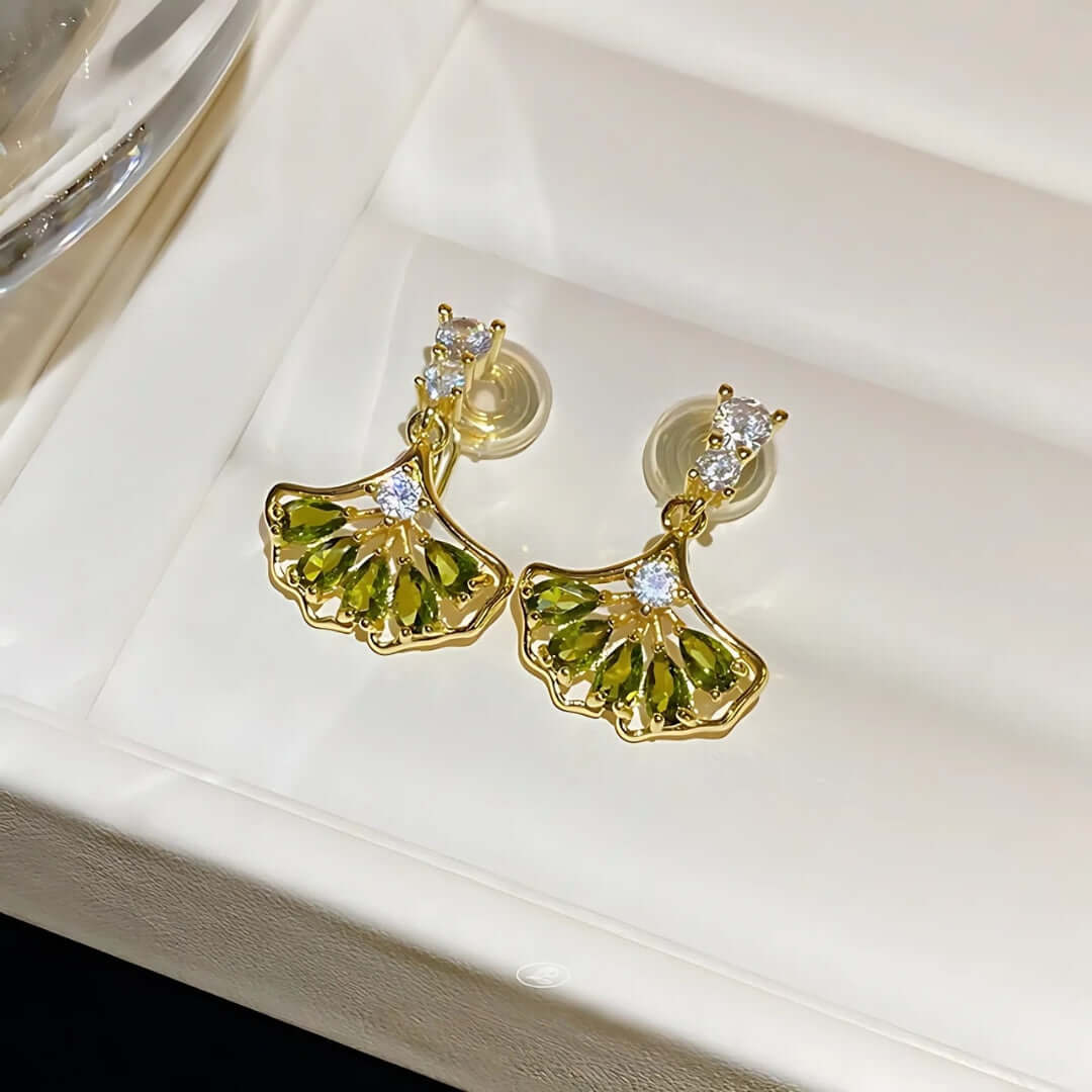 Fan Shape Ginkgo Leaf CZ Drop Earring