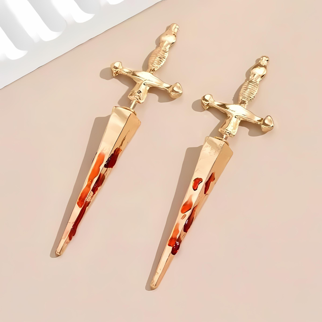 Gothic Cross Sword Bloodstain Dagger Ear Jacket Earrings