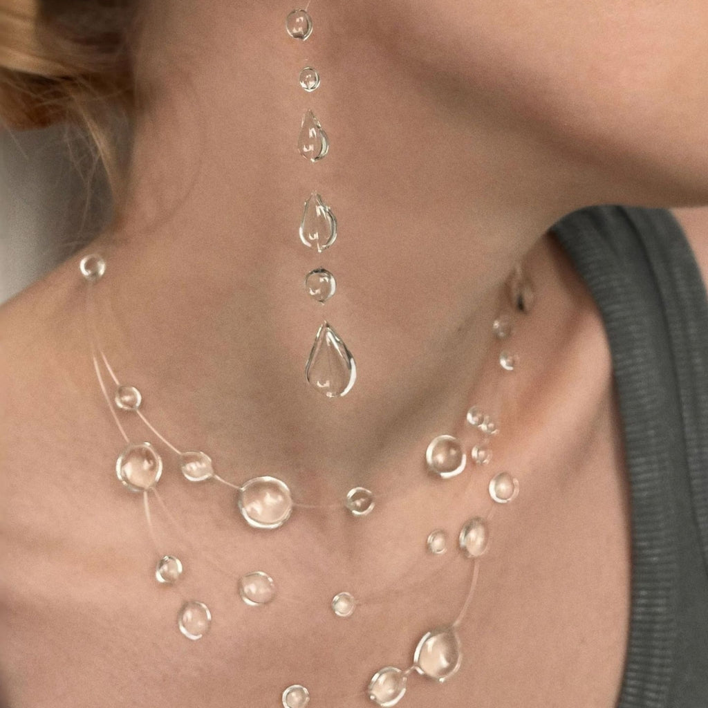 transparent dewdrop earrings and layering necklace clear color