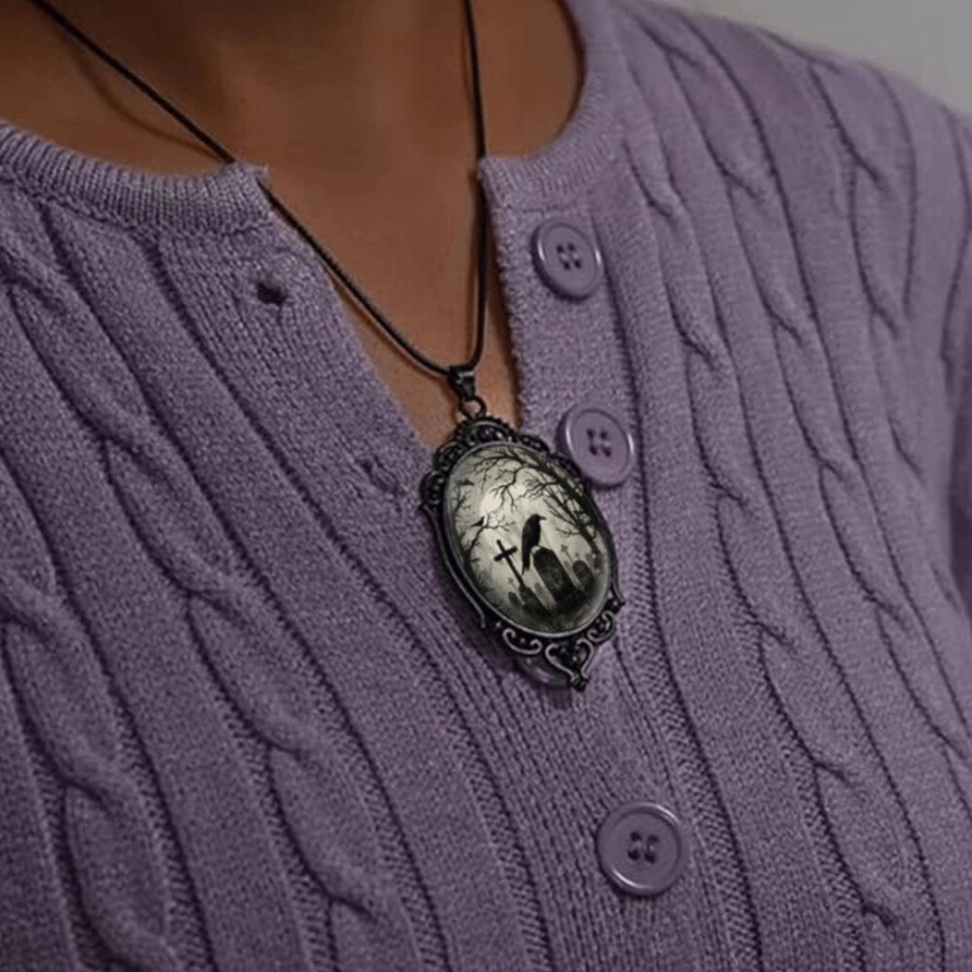 Goth Cross Crow Raven Embossed Halloween Pendant Necklace