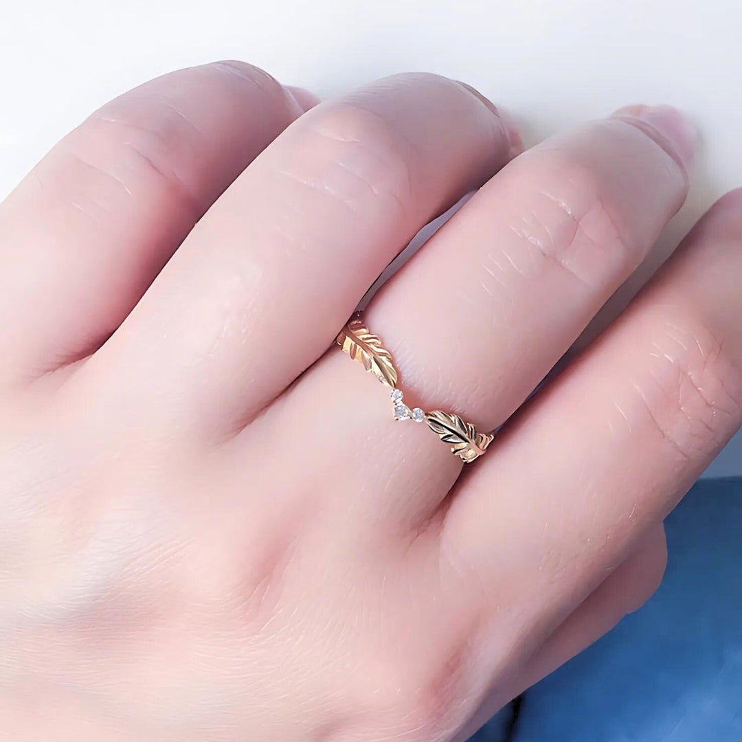 Dainty Gold Zircon Feather Leaf Ring