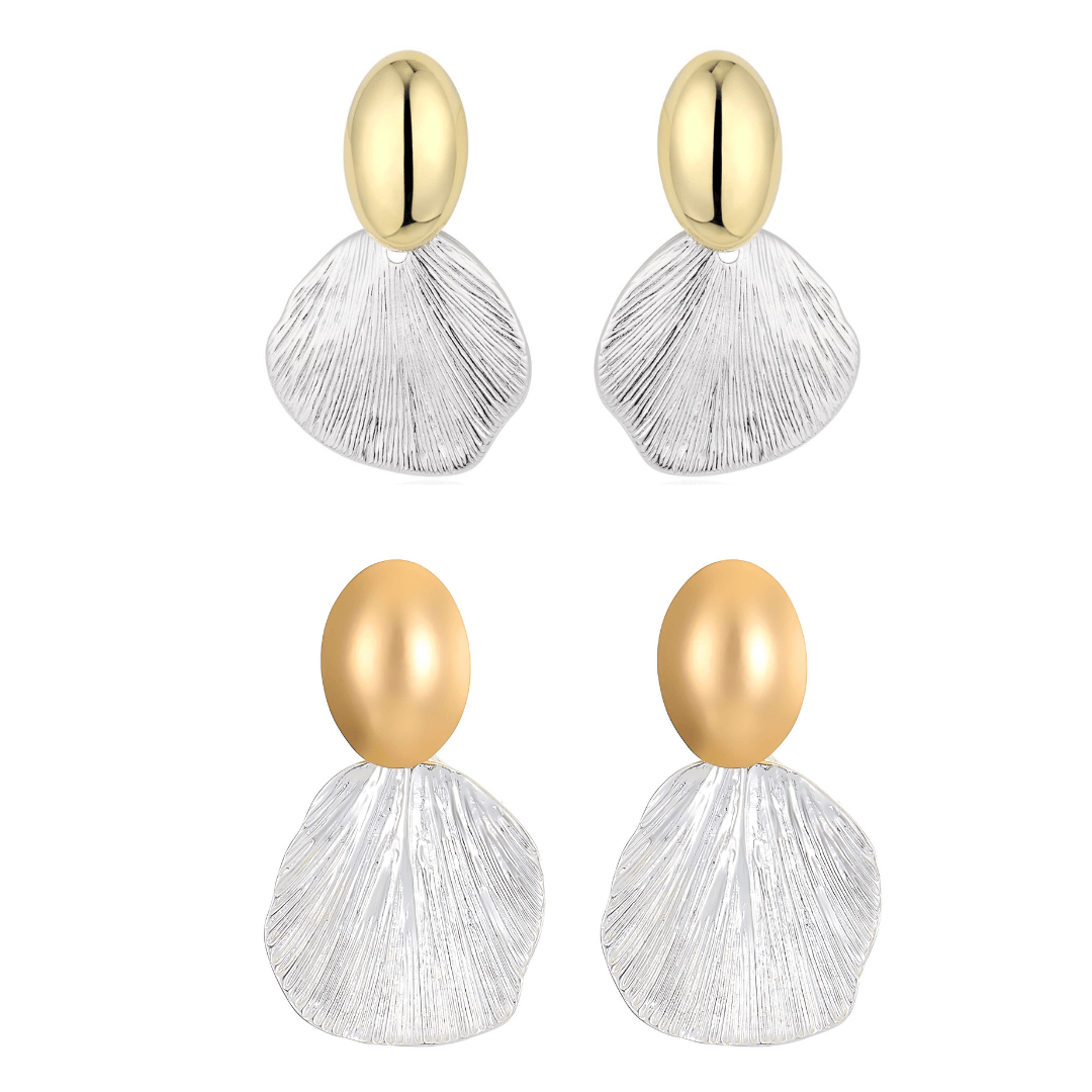 Textured Two Tone Abstract Fan-Shaped Shell Drop Earrings 