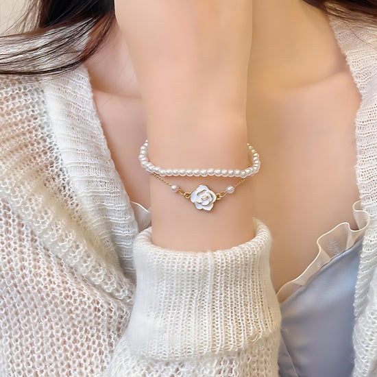 Dainty Camellia Flower Charm Pearl Bracelet 