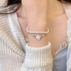Dainty Camellia Flower Charm Pearl Bracelet 