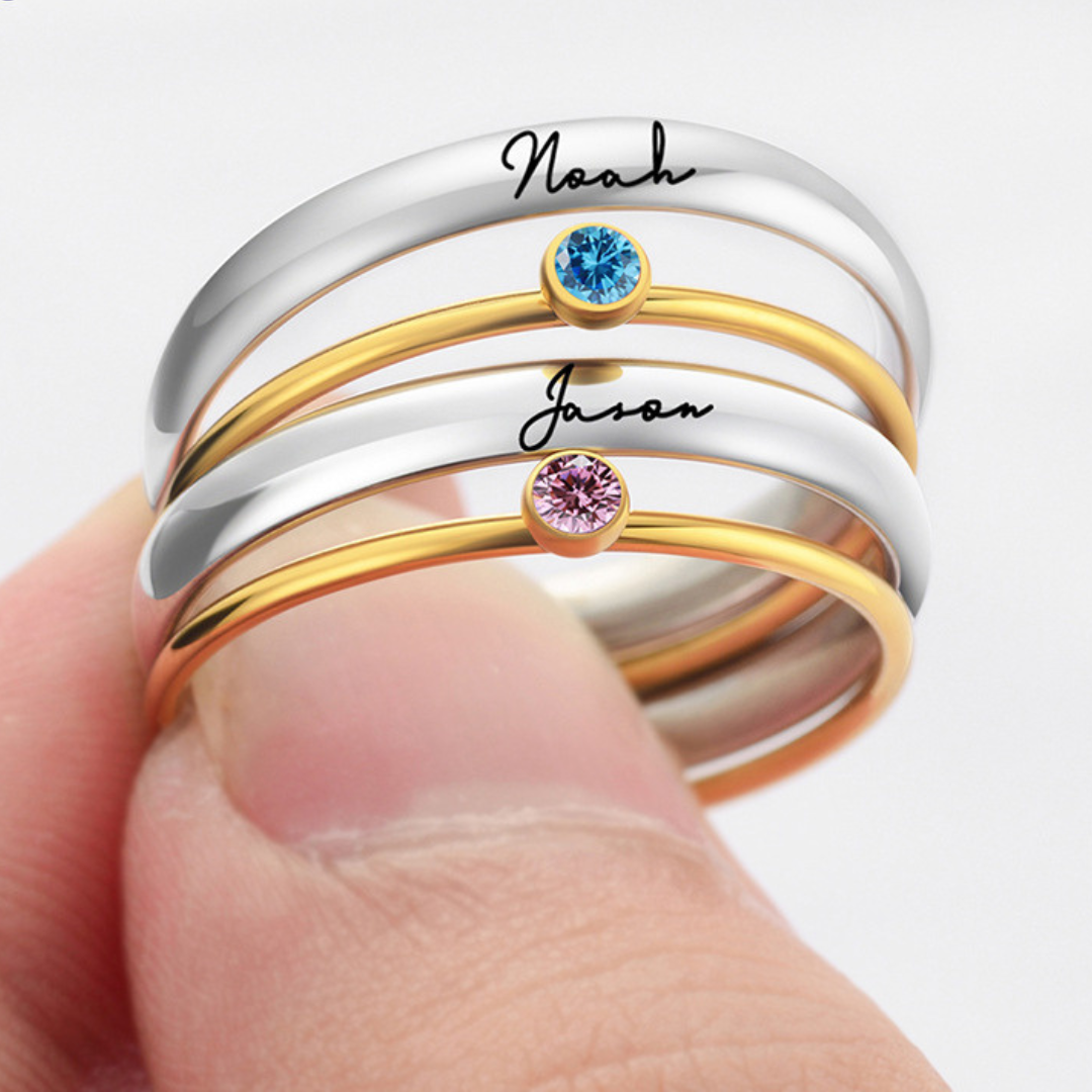 Personalized Birthstone Engraved Stacking Ring Set