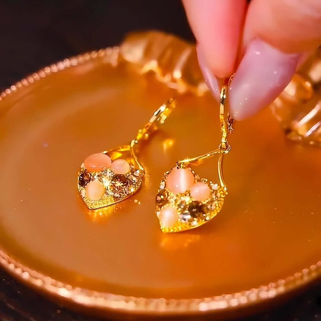 Cat Eye Stone Golden Heart Earrings Hoop