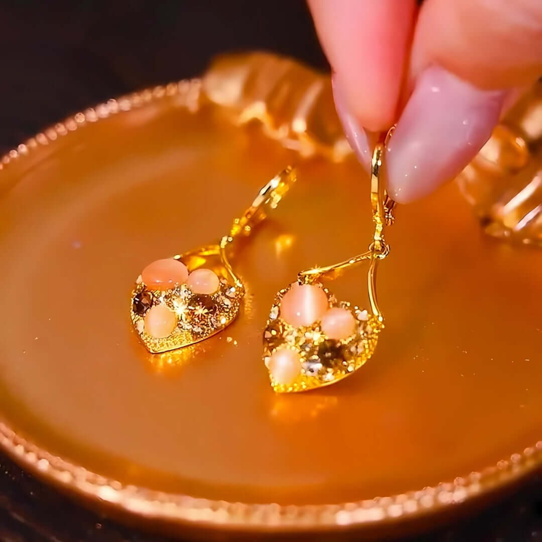 Cat Eye Stone Golden Heart Earrings Hoop