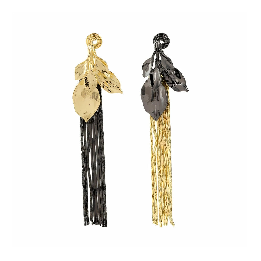 Mismatch Metallic Spiral Leaf Tassel Waterfall Earrings