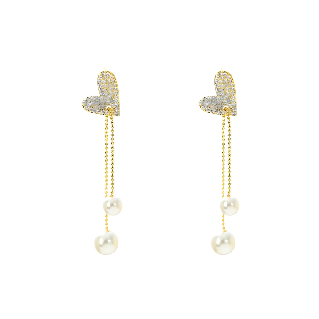 Pearl Heart Tassel Drop Earrings