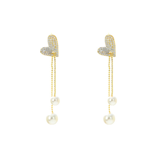 Pearl Heart Tassel Drop Earrings