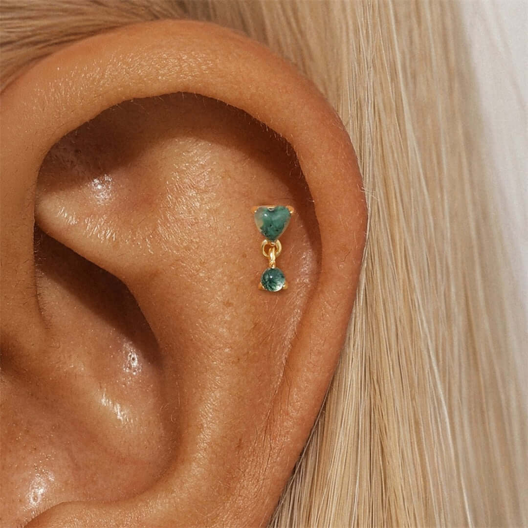 Moss Agate Heart Push Pin Labret Back Studs
