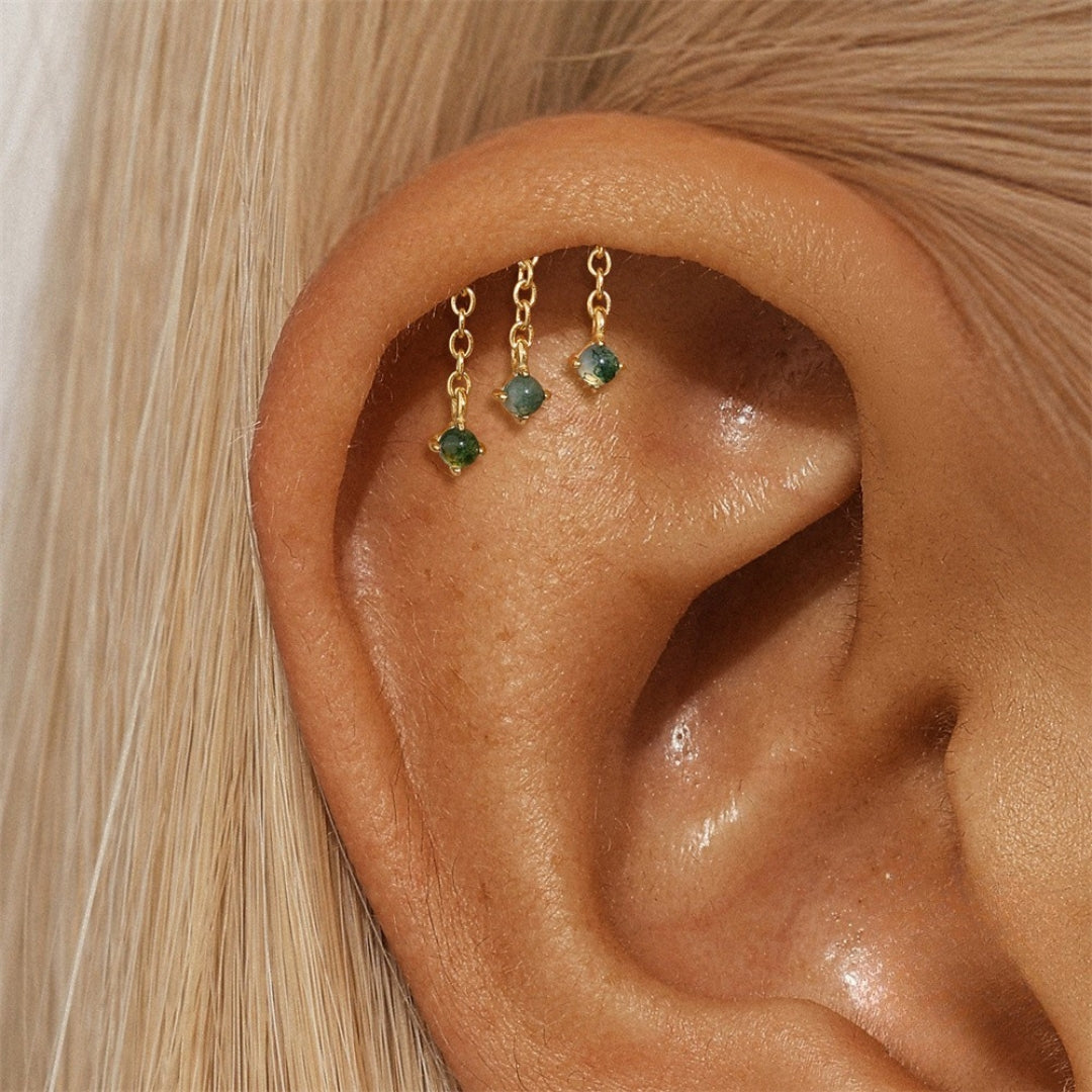 Sterling Silver Moss Agate Push Pin Labret Back Studs