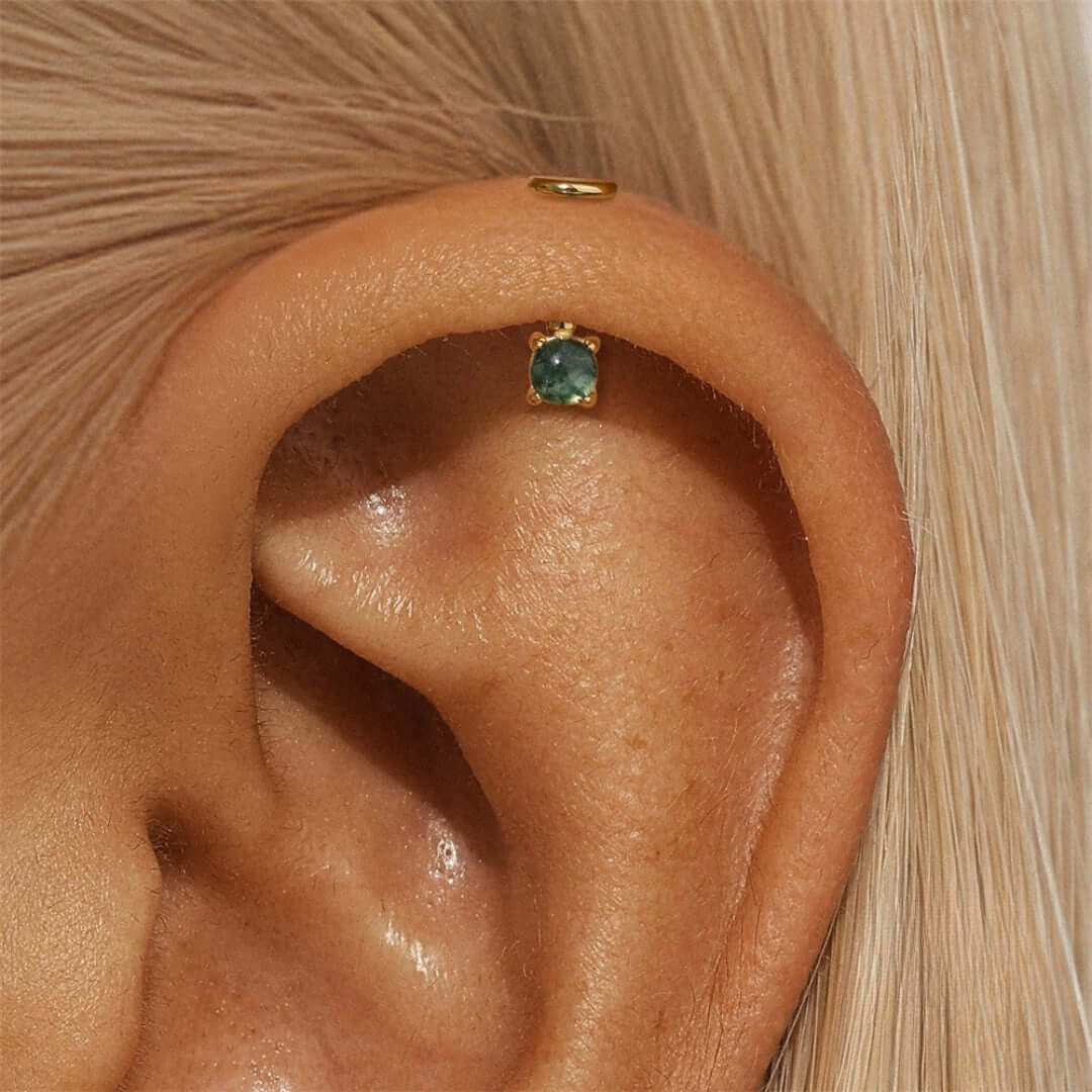 Round Moss Agate Push Pin Labret Back Studs