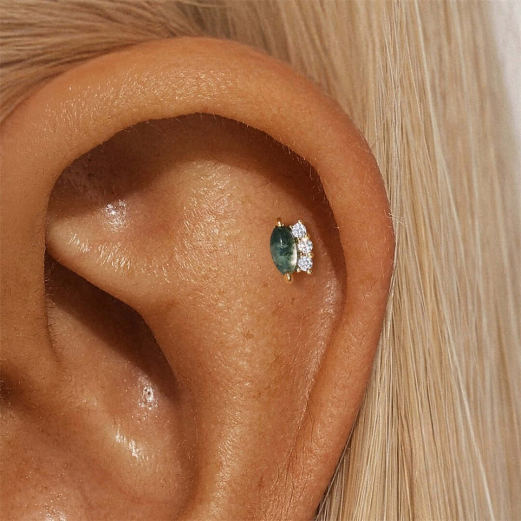 Sterling Silver Moss Agate Push Pin Labret Back Studs