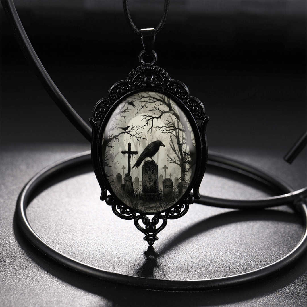 Goth Cross Crow Raven Embossed Halloween Pendant Necklace