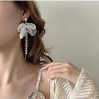 Elegant Chiffon Pearl Bow Long Chain Earrings 