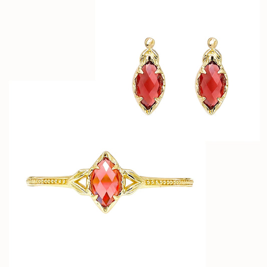 Marquise Red Garnet January Birthstone Ring Earrings Set