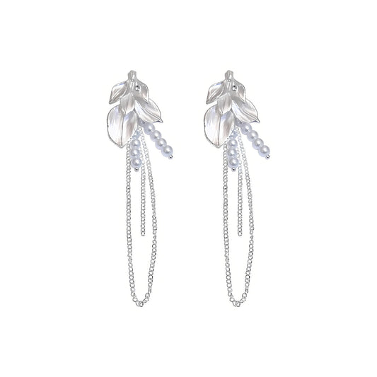 Ivory Pearl Leaf Link Chain Drop Earring