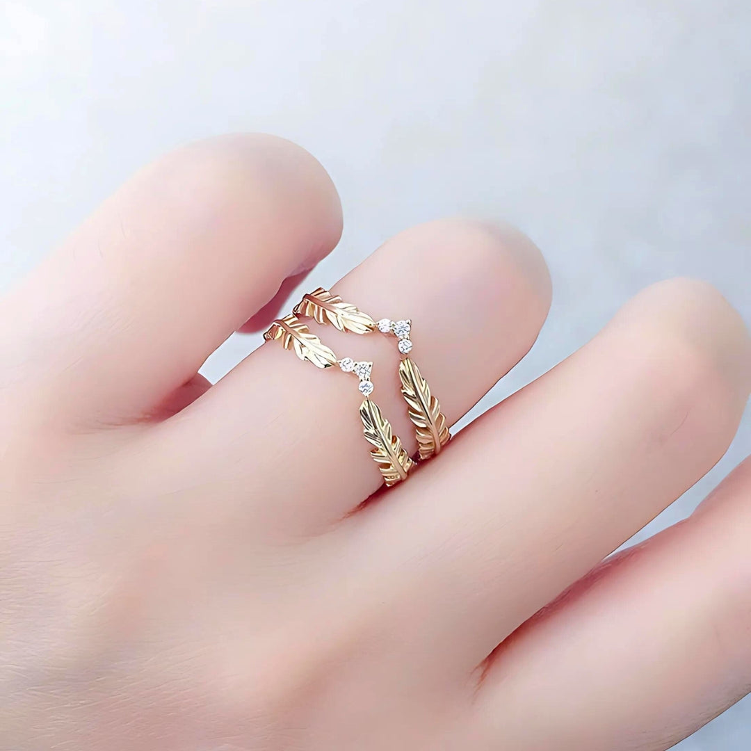 Dainty Gold Zircon Feather Leaf Ring