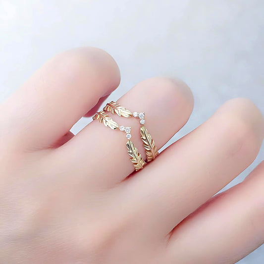 Dainty Gold Zircon Feather Leaf Ring