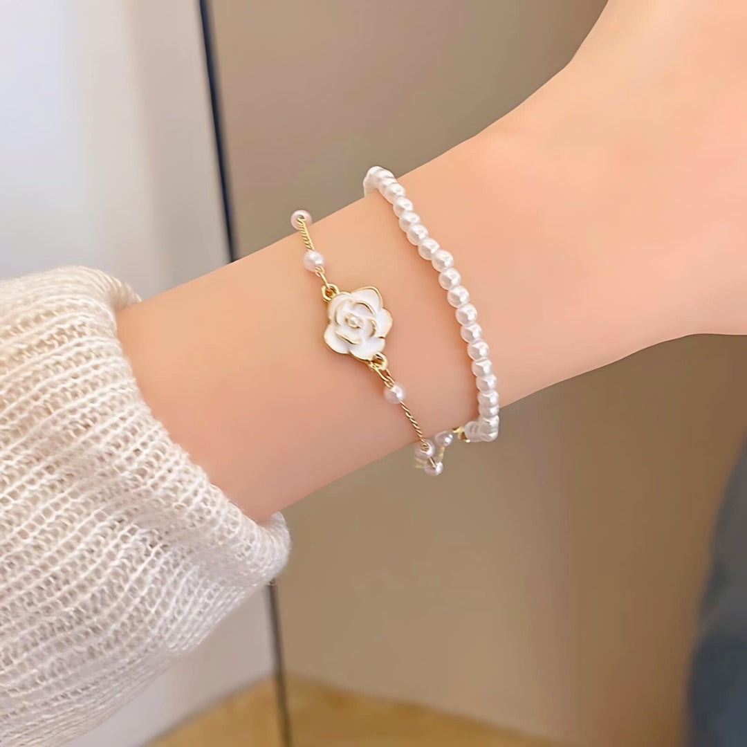 Dainty Camellia Flower Charm Pearl Bracelet 