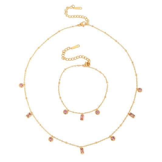 18K Gold Plated Baguette Charm Necklace Pink Bracelet Set 