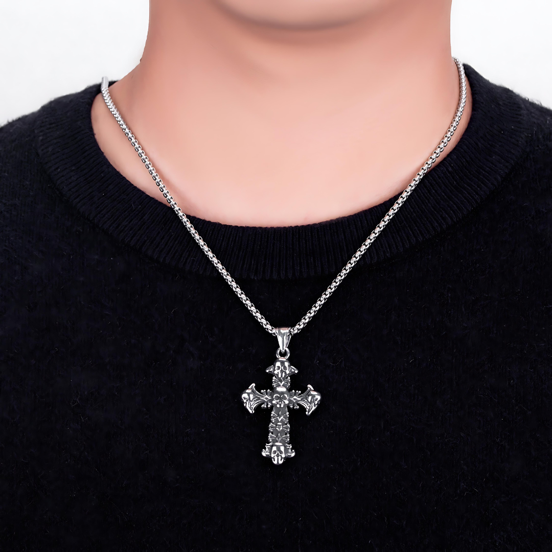 Halloween Skull Cross Pendant Herringbone Chain Necklace