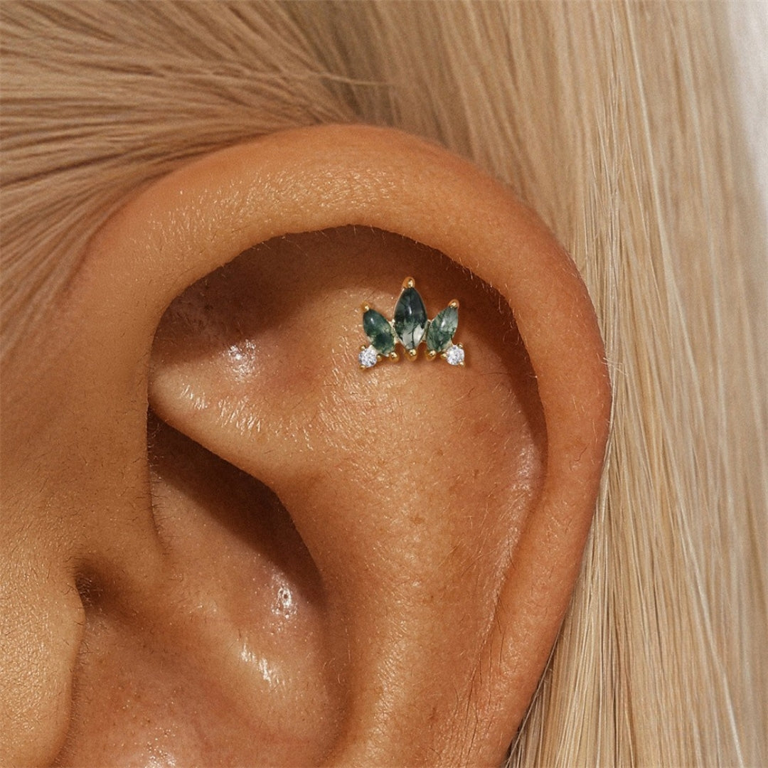 Sterling Silver Moss Agate Push Pin Labret Back Studs