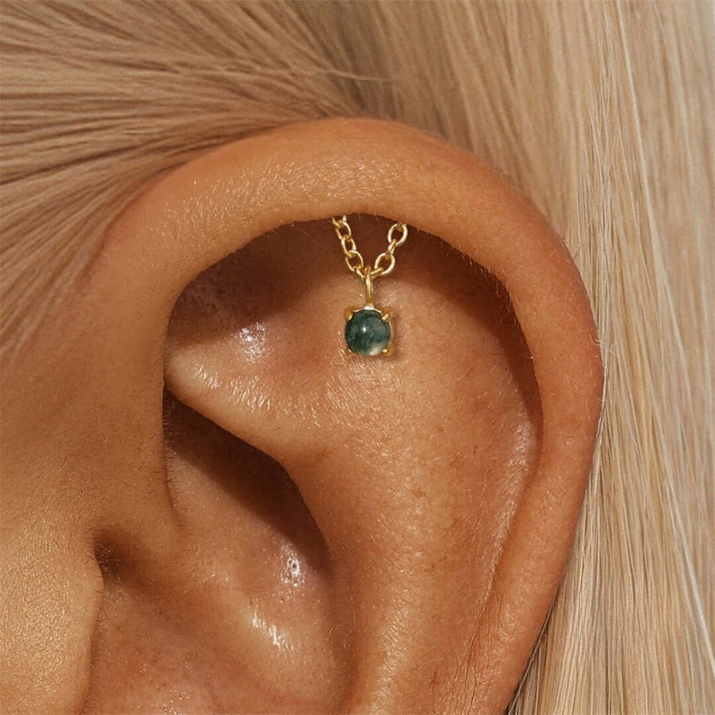 Moss Agate Tassel Push Pin Labret Back Studs