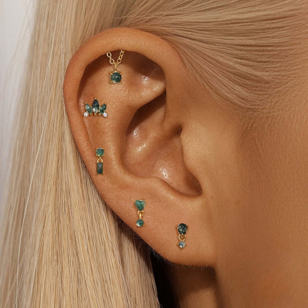 Sterling Silver Moss Agate Push Pin Labret Back Studs