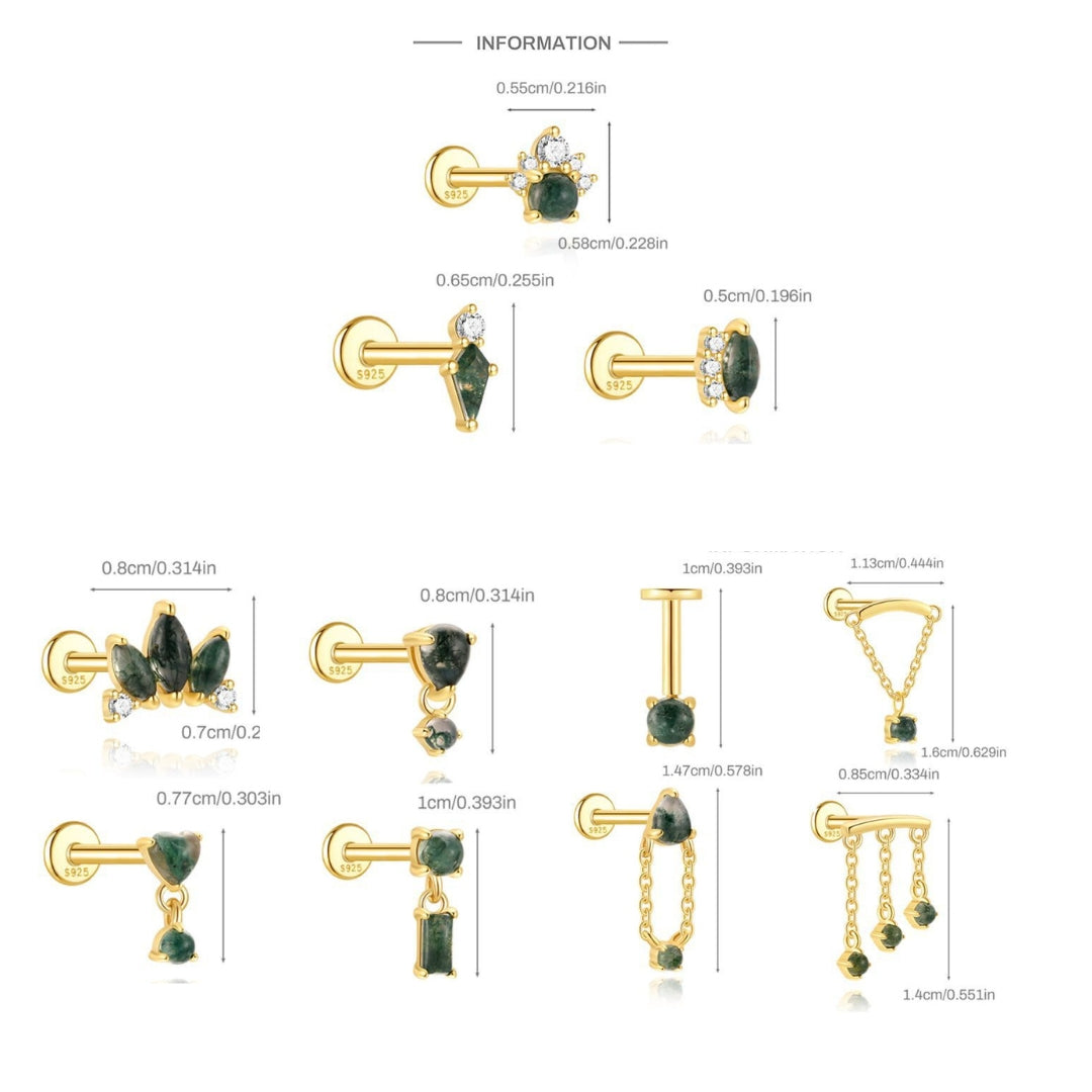 Gold and green gemstone earrings with measurements on a white background