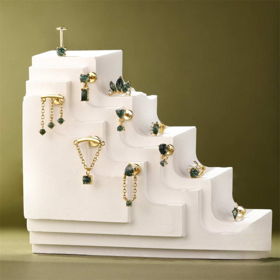 Sterling Silver Moss Agate Push Pin Labret Back Studs