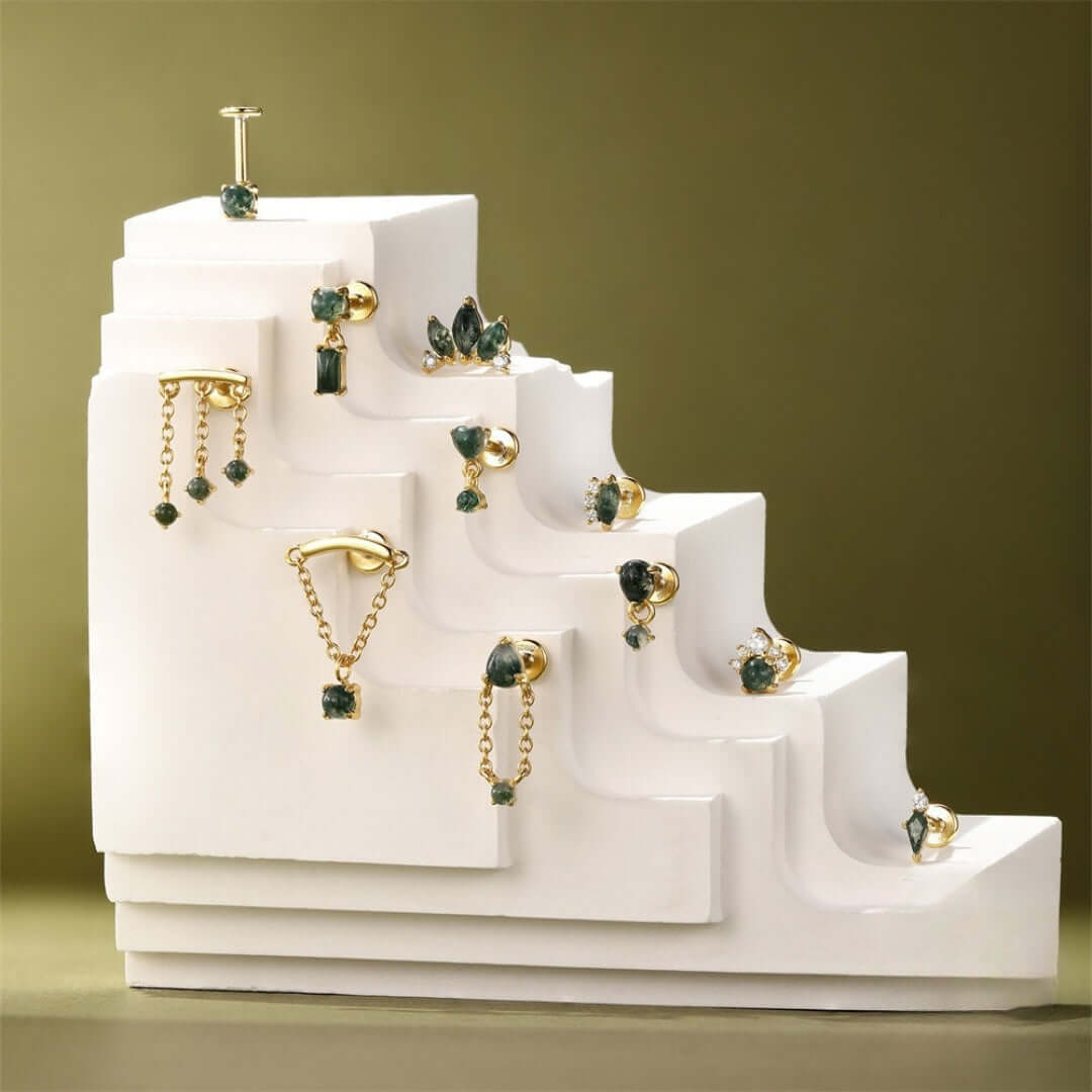 Sterling Silver Moss Agate Push Pin Labret Back Studs