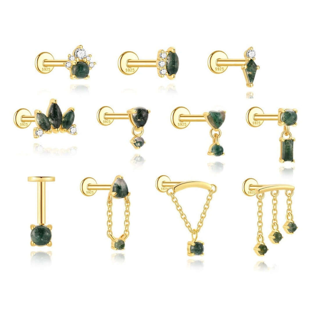 Sterling Silver Moss Agate Push Pin Labret Back Studs
