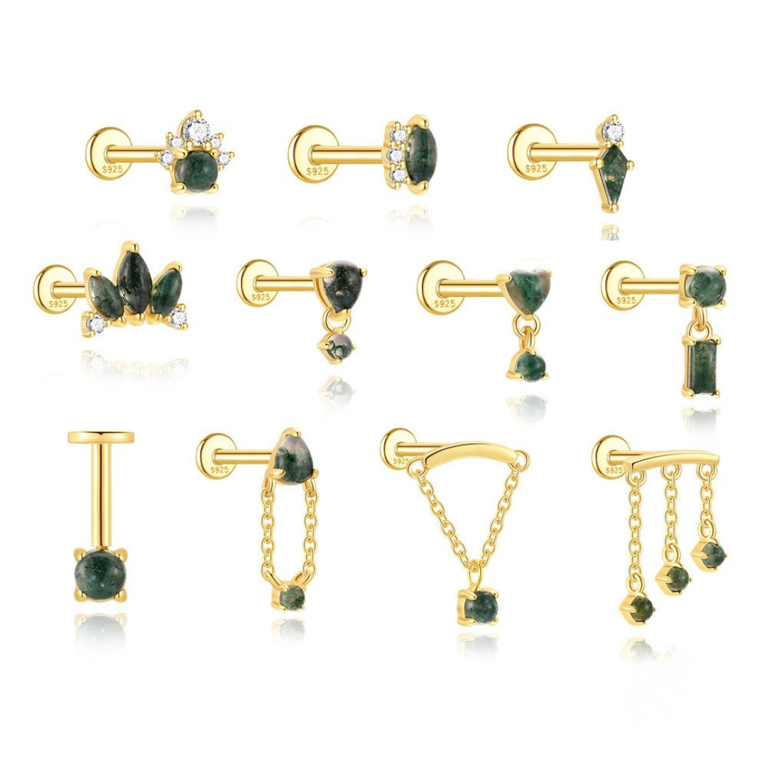 Sterling Silver Moss Agate Push Pin Labret Back Studs