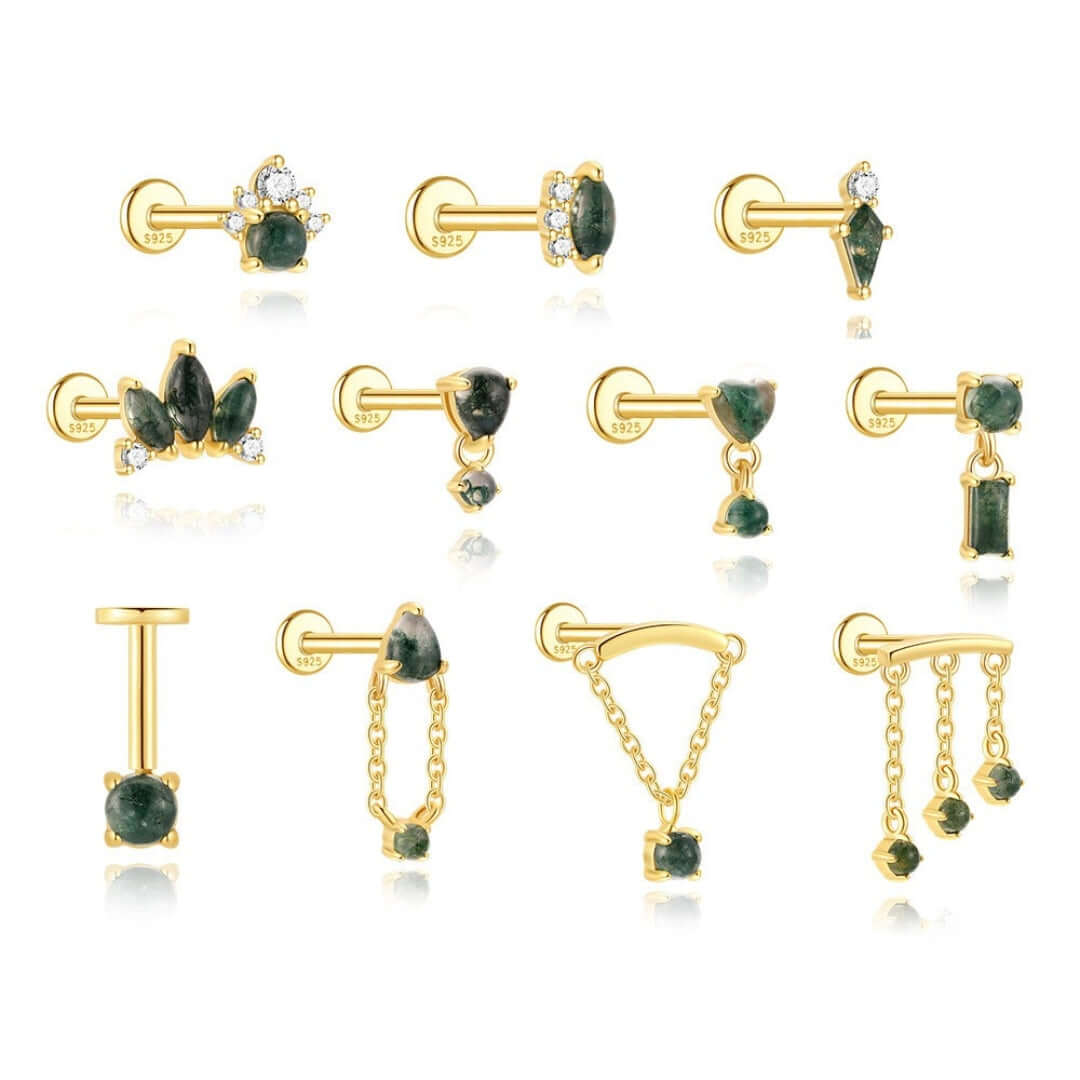 Sterling Silver Moss Agate Push Pin Labret Back Studs