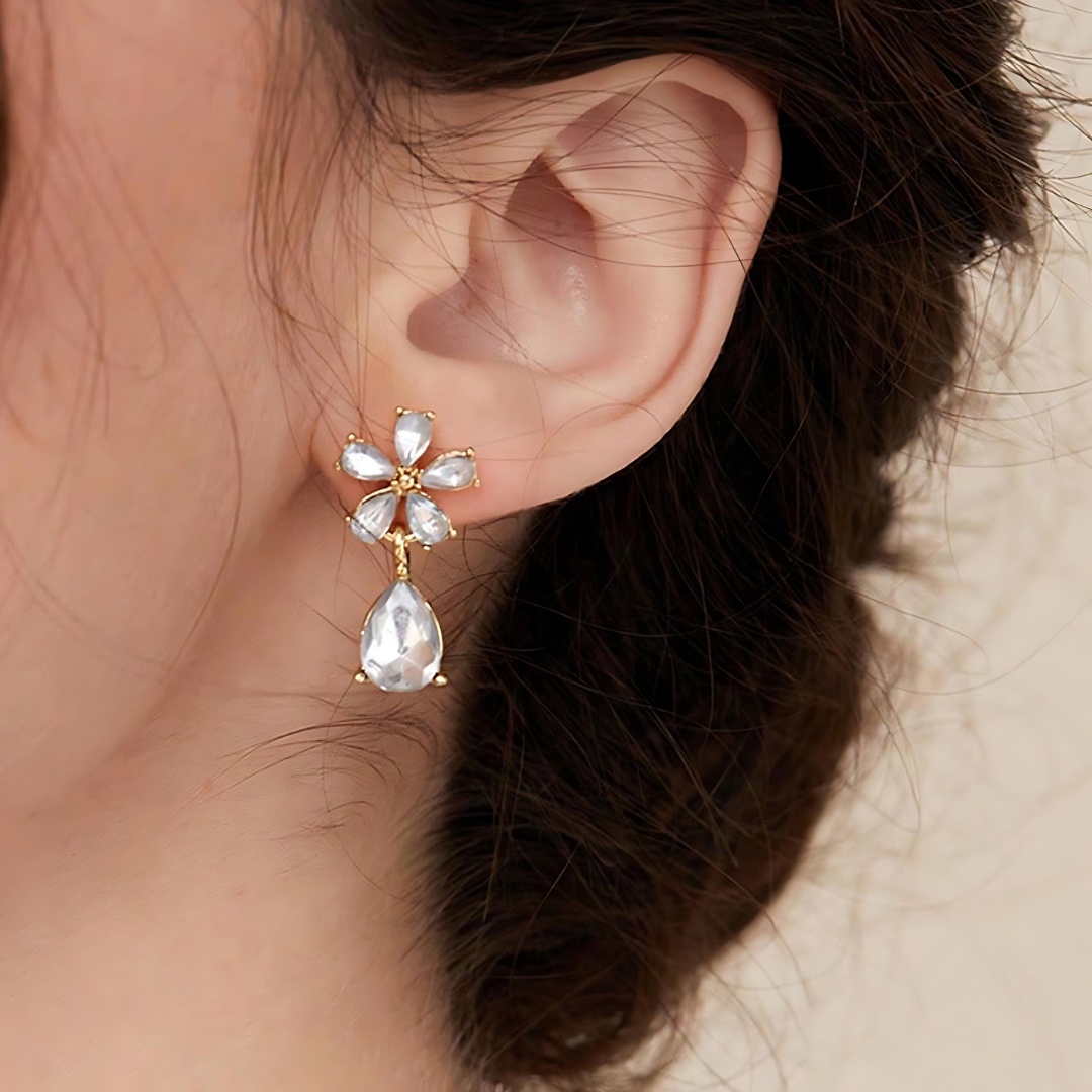 Flower Crystal Bling Dangle Drop Earrings 