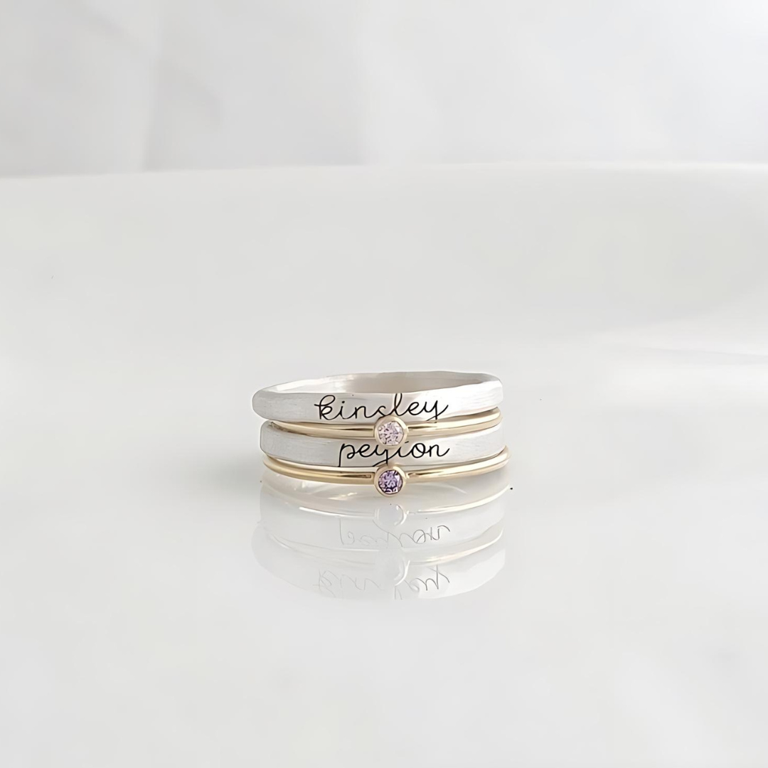 Personalized Birthstone Engraved Stacking Ring Set