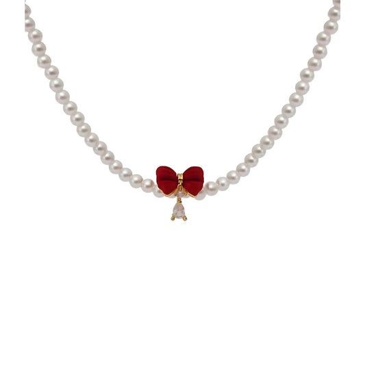 Red Bow Pearl Beaded Choker Necklace 