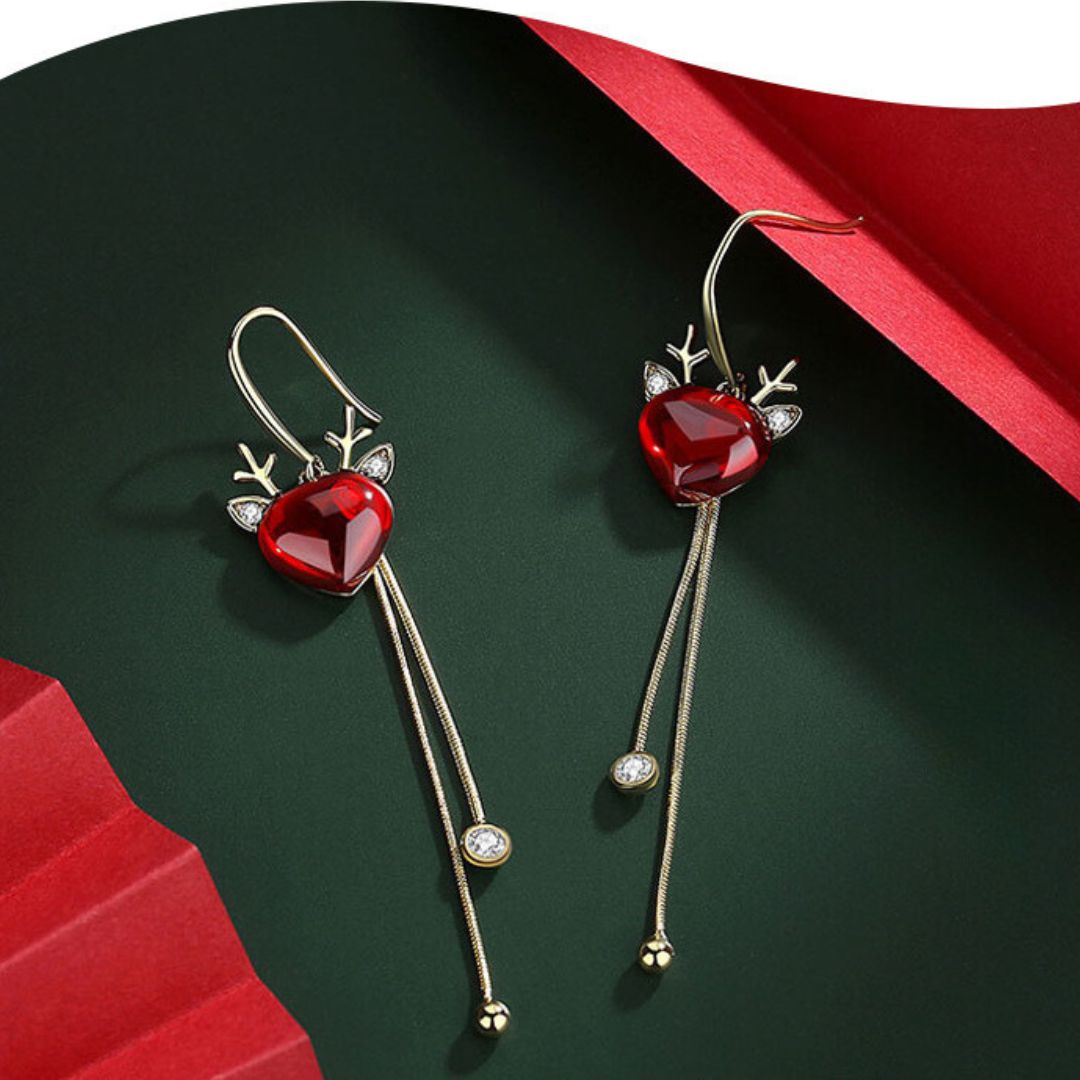 Ruby Corundum Reindeer Dangle Drop Tassel Fringe Xmas Earrings