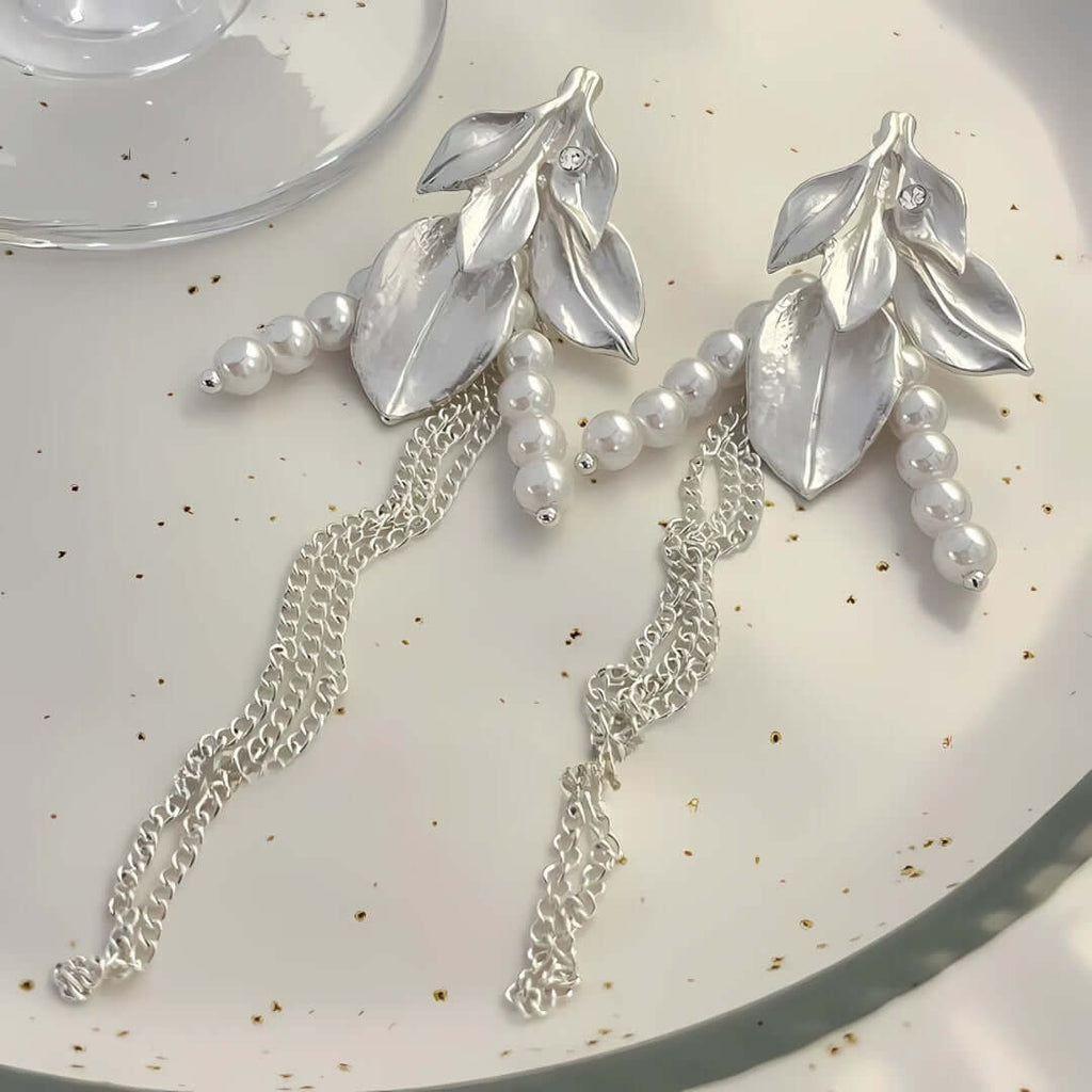 Ivory Pearl Leaf Link Chain Drop Earring