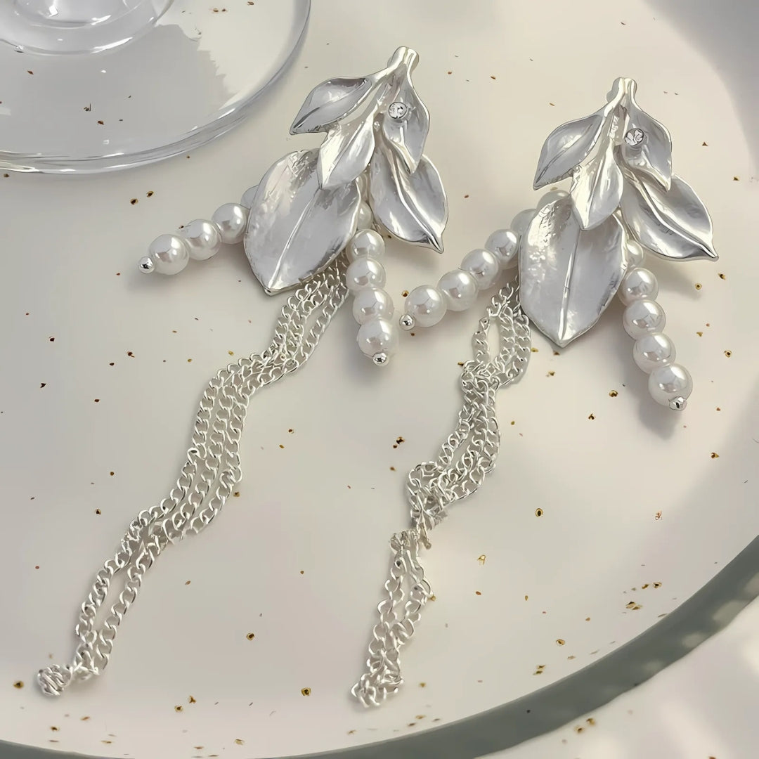 Ivory Pearl Leaf Link Chain Drop Earring