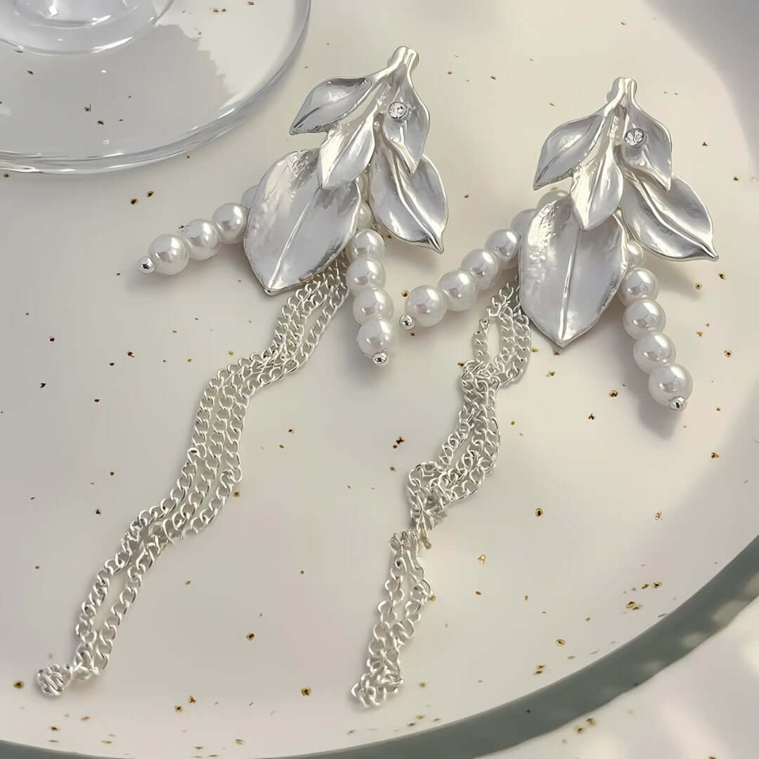 Ivory Pearl Leaf Link Chain Drop Earring