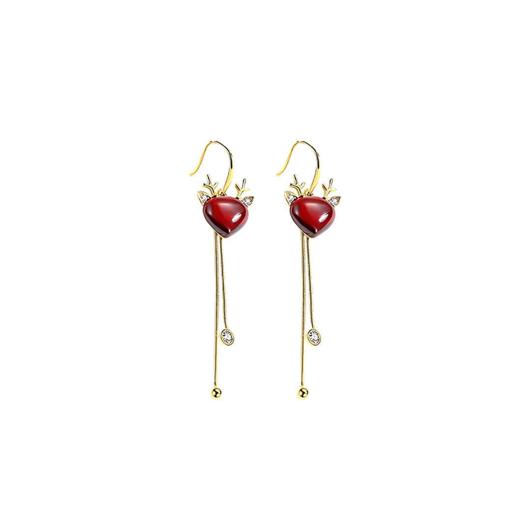 Ruby Corundum Reindeer Dangle Drop Tassel Fringe Xmas Earrings