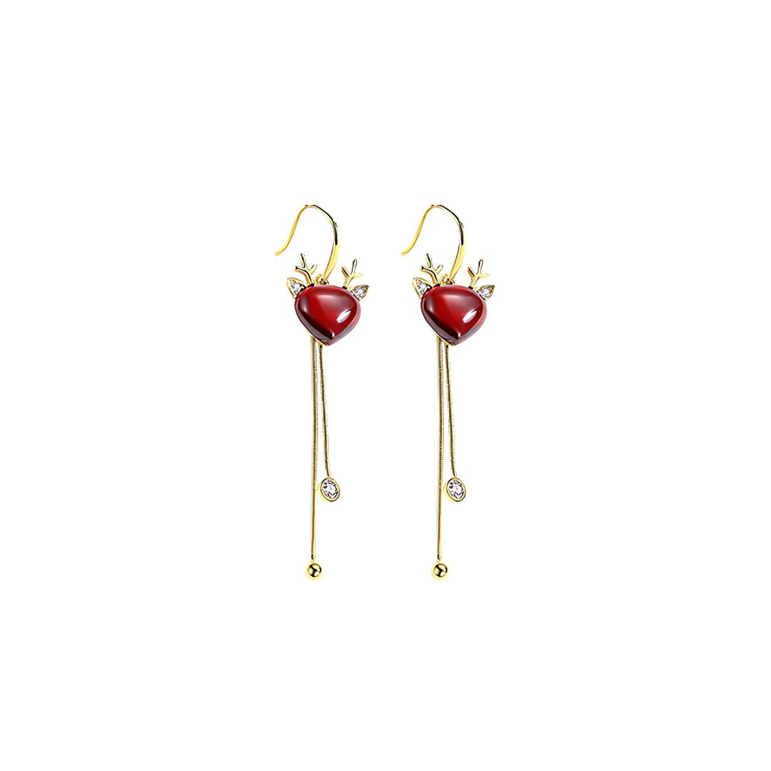 Ruby Corundum Reindeer Dangle Drop Tassel Fringe Xmas Earrings